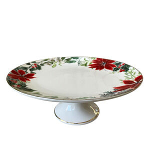 Grace Teaware Christmas Poinsettia Porcelain Cake Stand Holiday Holly New